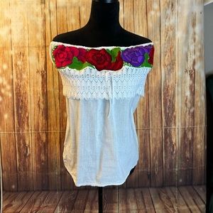 Mexican Women’s Embroidered Off the Shoulder Gauze Top Blouse Size Medium